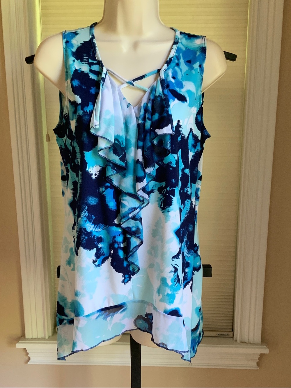 Sleeveless Blue Ruffle V-Neck Women's Top